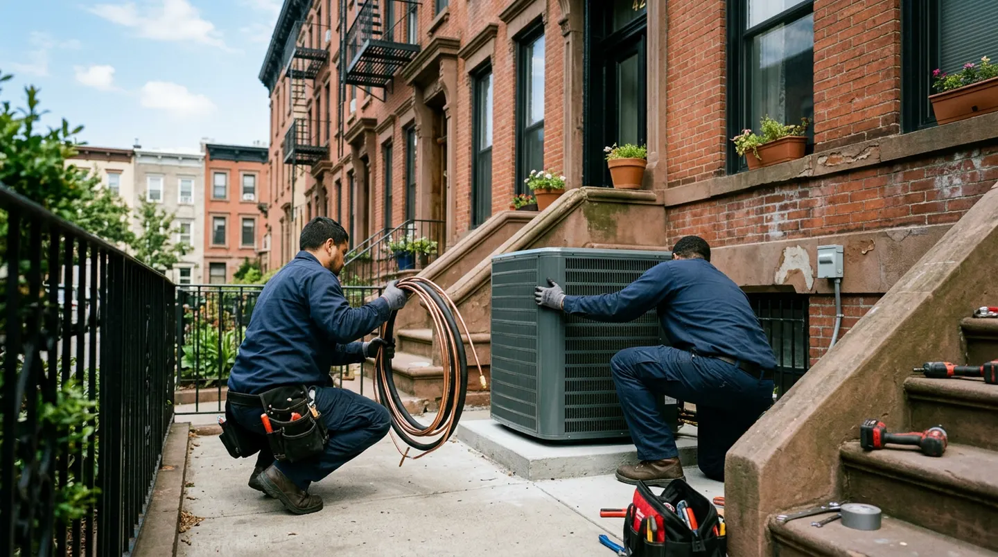New ductless outdoor condenser being installed beside a Brooklyn brownstone