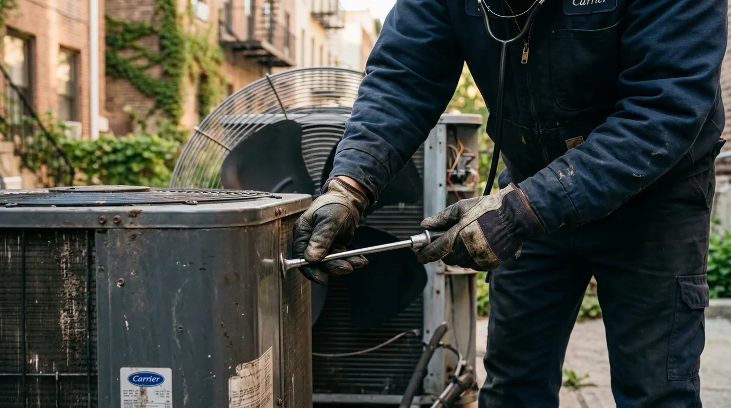 HVAC technician listening to an outdoor air conditioner condenser in New York City