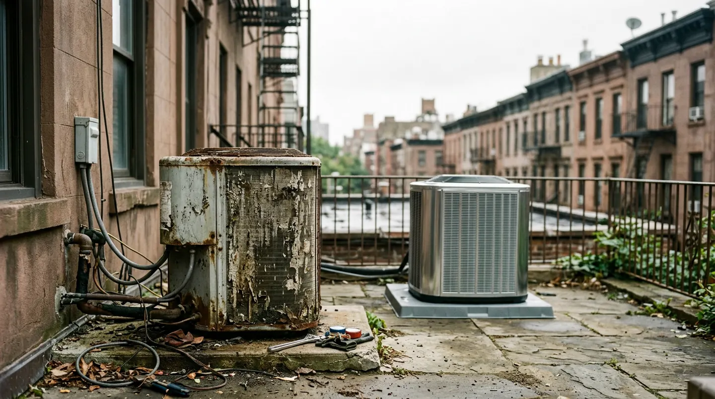 HVAC technician comparing an AC repair estimate with a replacement proposal in a Manhattan apartment