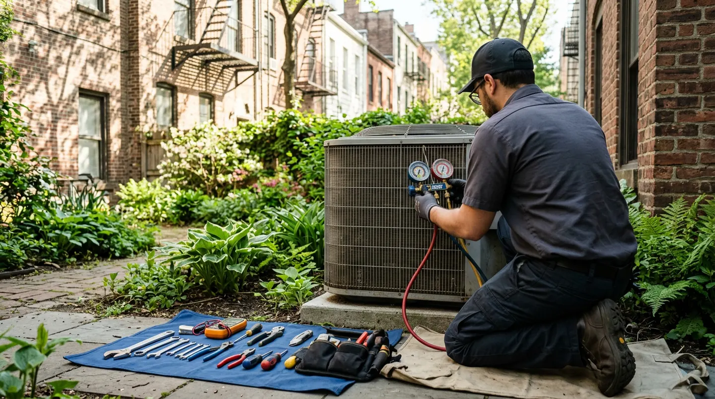 HVAC technician preparing an outdoor air conditioner condenser for summer in New York City