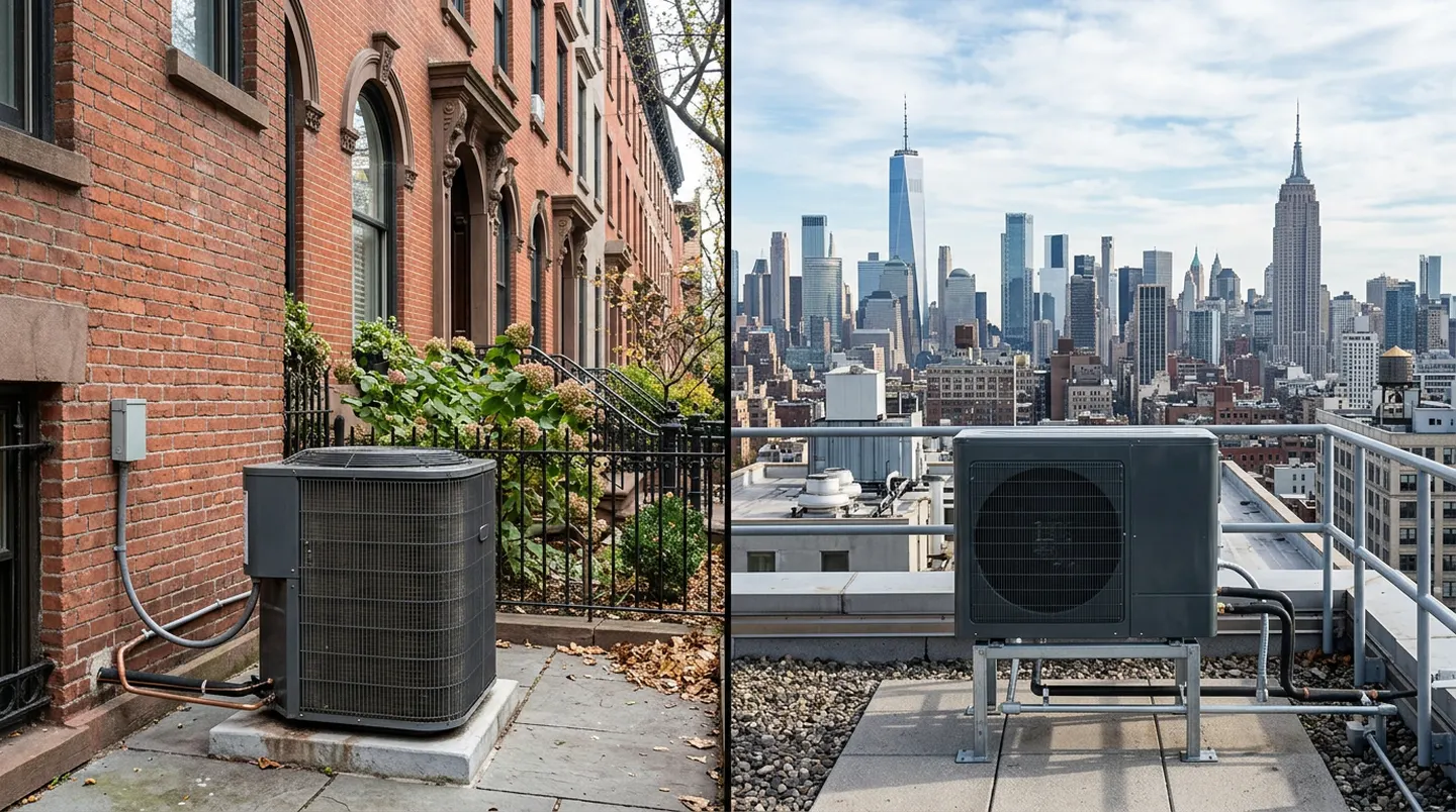 Technician comparing a central AC condenser and cold-climate heat pump at a New York building