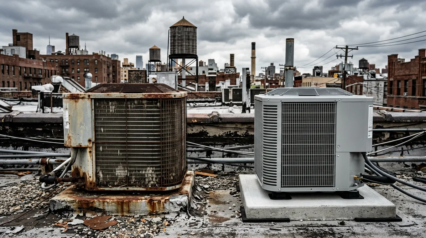 NYC HVAC technician inspecting an older outdoor air conditioner condenser