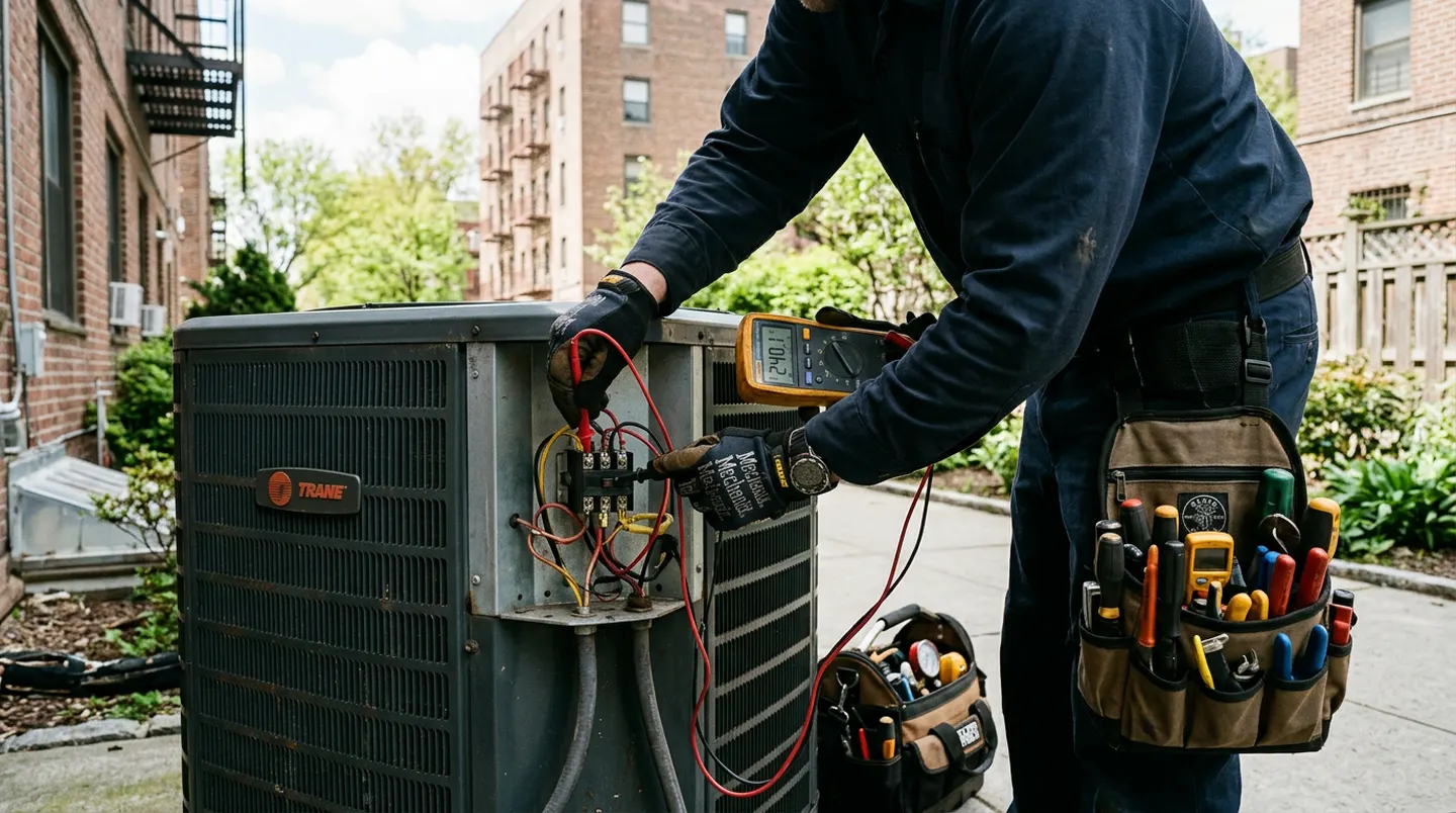 HVAC technician cleaning an air-conditioning coil during annual maintenance in Queens