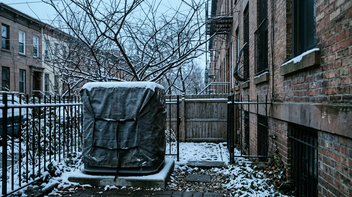 Outdoor heat pump and PTAC equipment prepared for winter at a New York brownstone