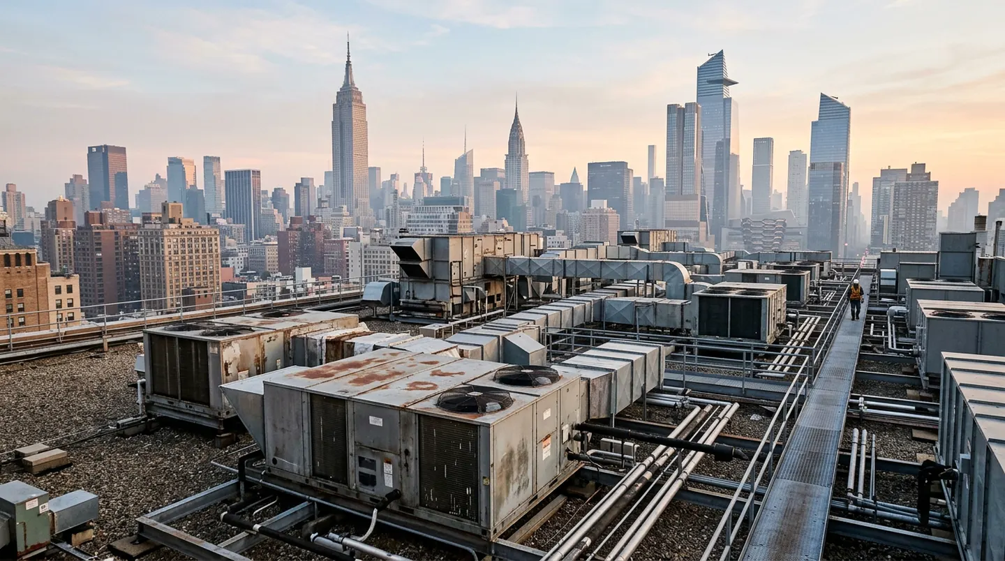 Commercial HVAC equipment on a New York City rooftop with the Manhattan skyline