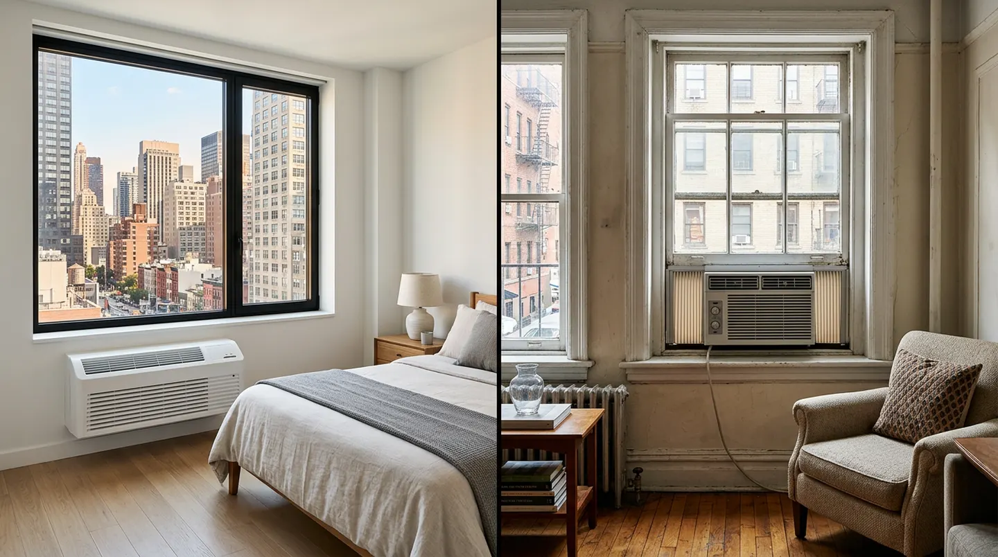 PTAC chassis beside a NYC apartment window air conditioner during an equipment comparison