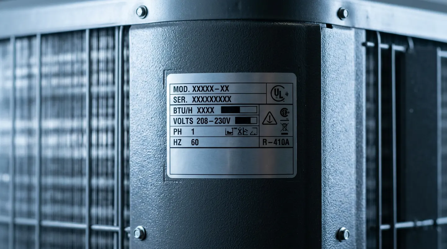 Air conditioner efficiency label and HVAC technician reviewing matched equipment in New York