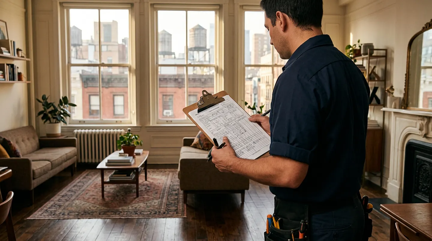 Technician measuring a New York apartment room for air conditioner BTU sizing