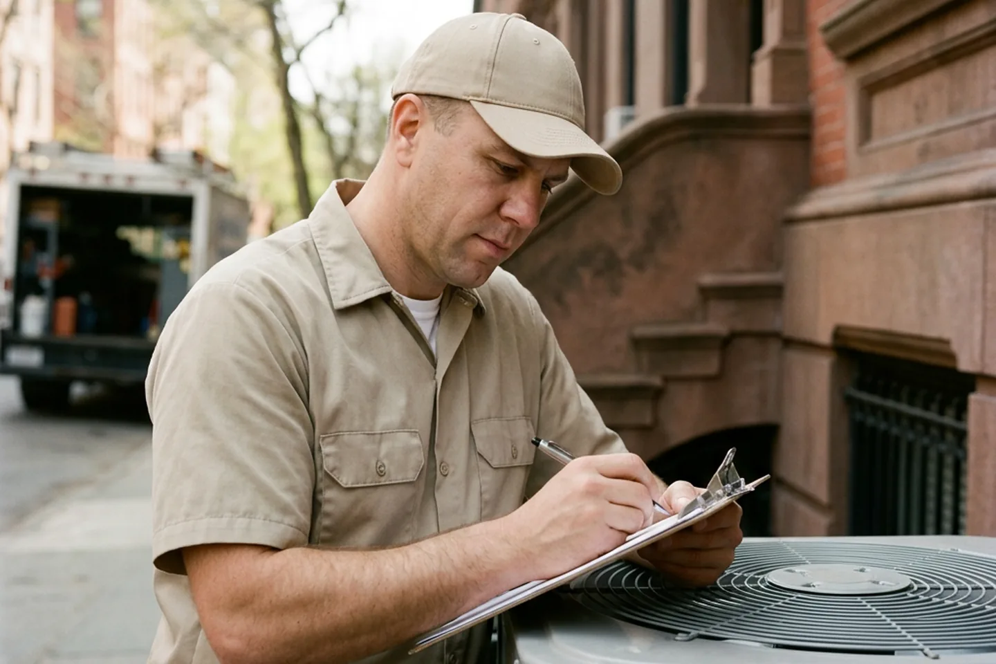 HVAC technician writing on a work order clipboard next to an outdoor AC condenser at a NYC brownstone