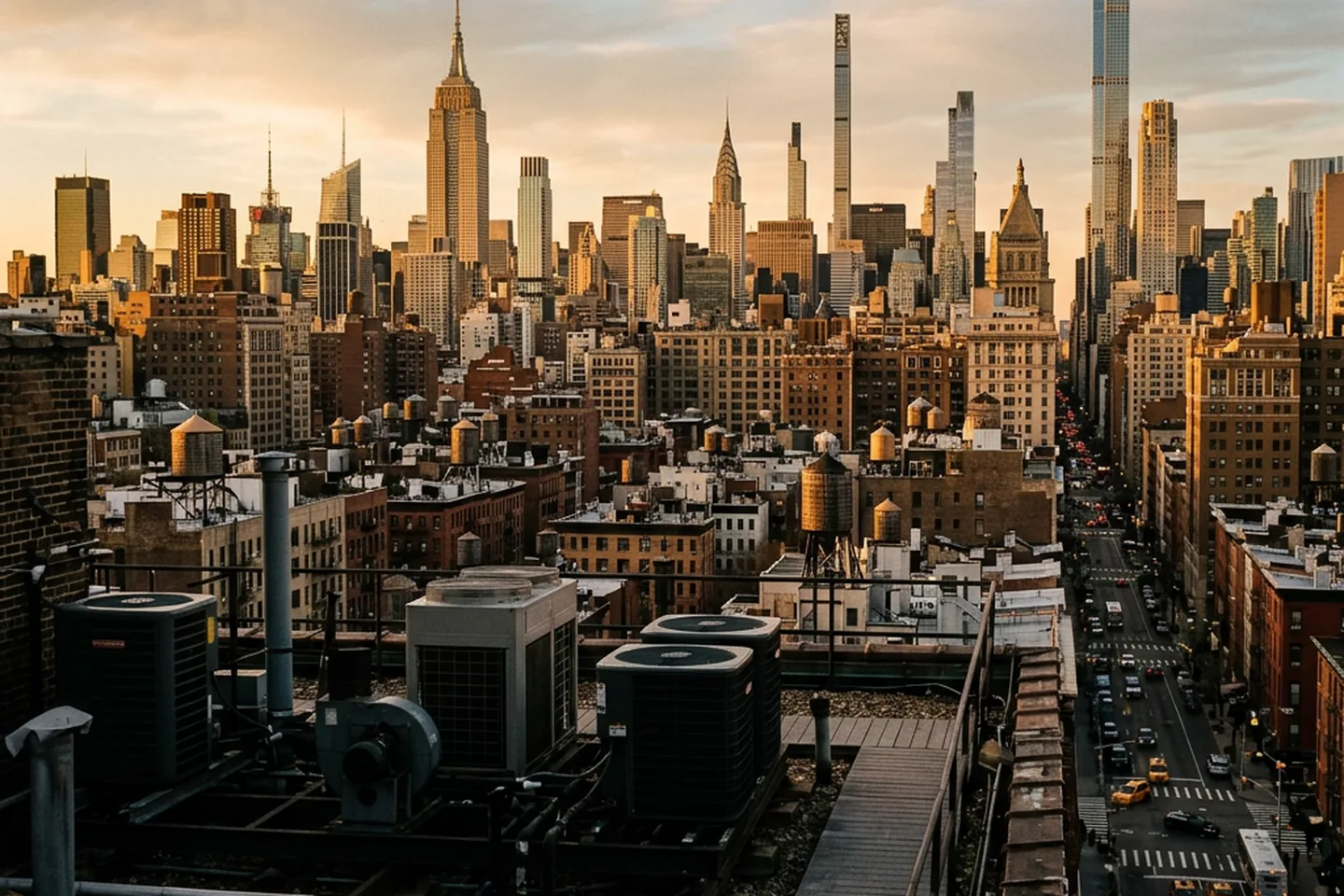 NYC skyline at golden hour with Manhattan rooftop HVAC units in foreground