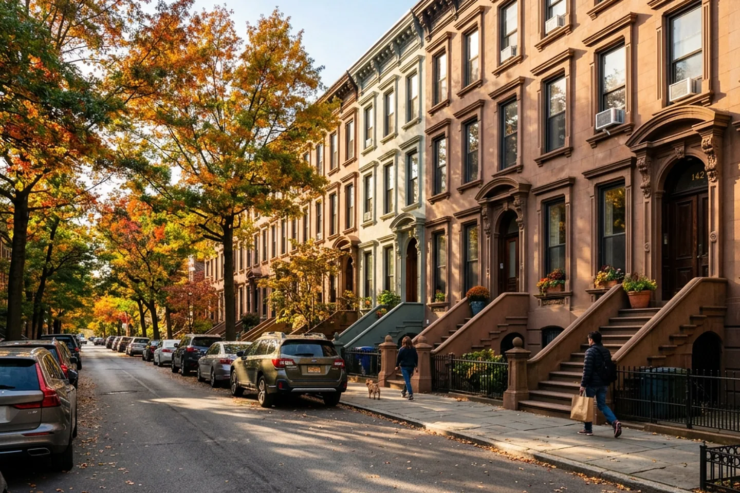 Brooklyn brownstone rooftops with ductless mini-split condensers on the rear facade