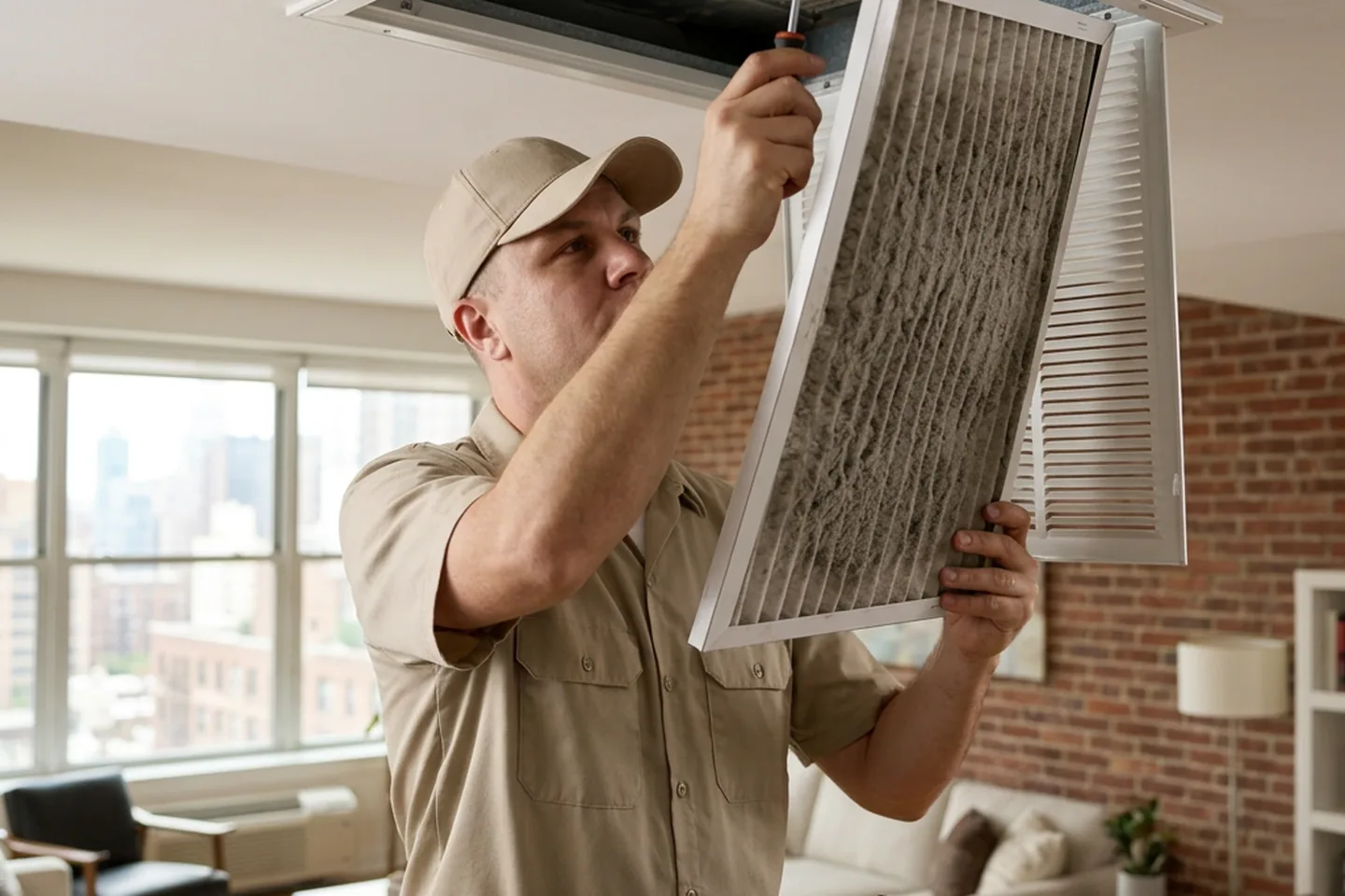 HVAC technician changing a large air filter in a Manhattan apartment central return air grille