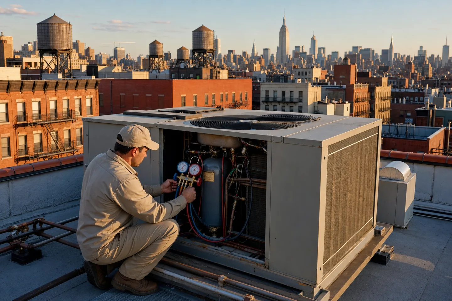 HVAC technician servicing a commercial rooftop unit on a Manhattan building at golden hour