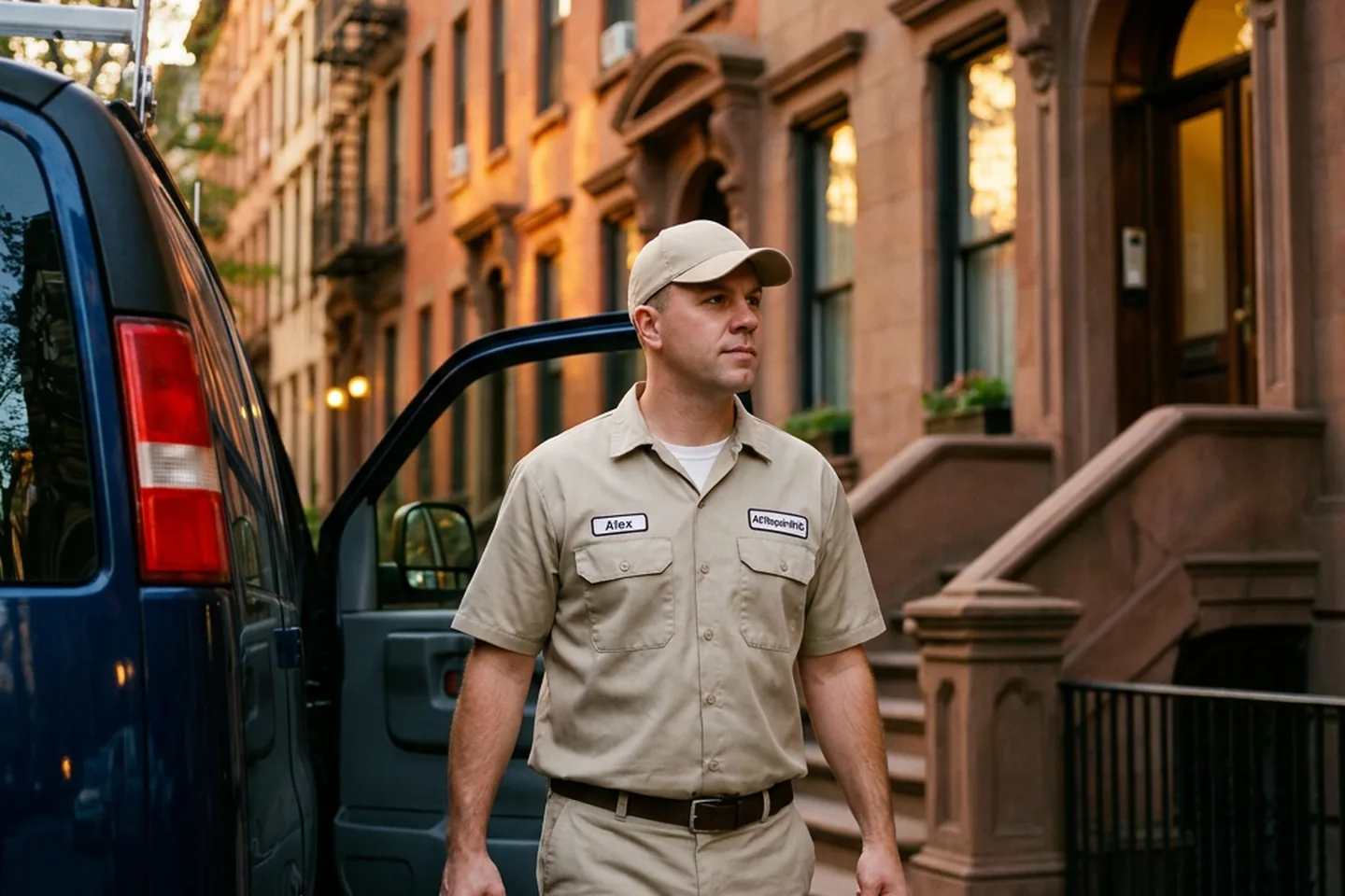 Alex, ACRepair NYC HVAC technician, arriving on an emergency repair call at a NYC apartment building at dusk