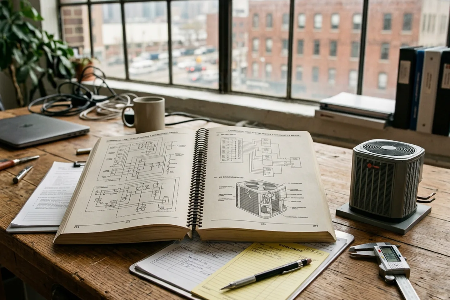 Open technical HVAC service manual with diagrams on a wooden desk overlooking NYC skyline