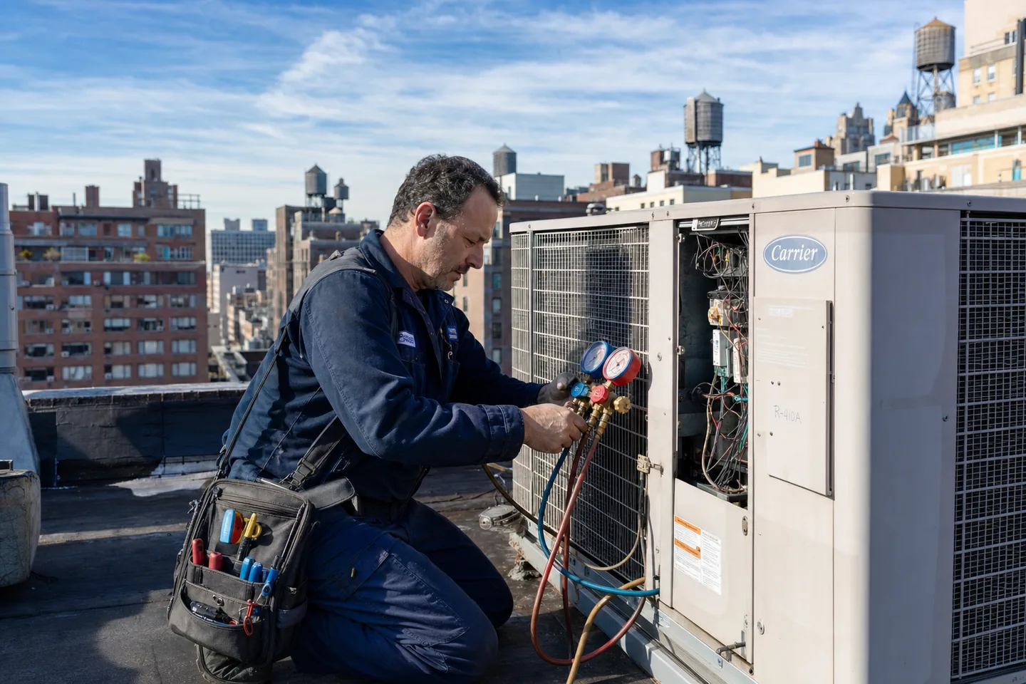 HVAC technician servicing a rooftop condenser unit on a New York City apartment building