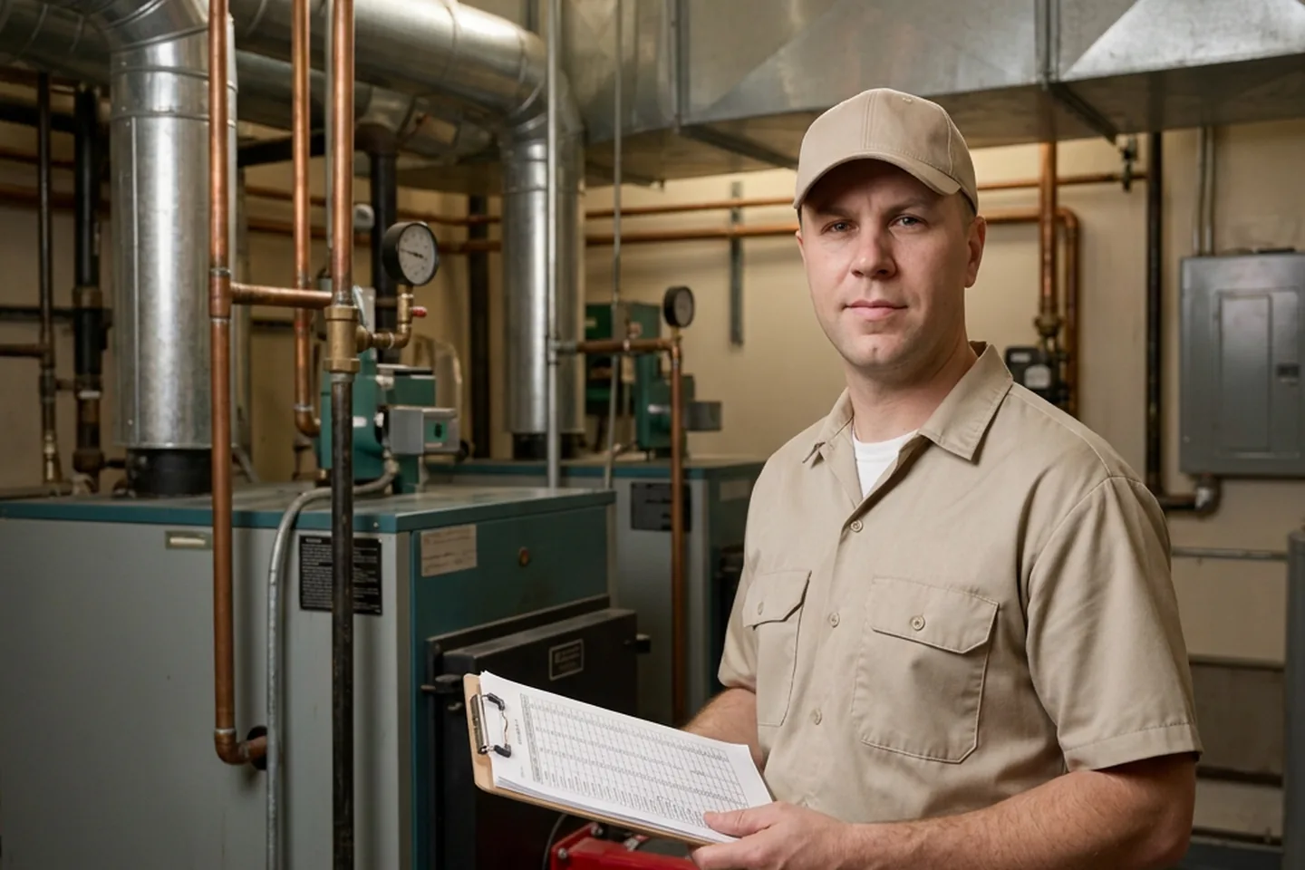 HVAC technician in the mechanical room of a NYC multi-family apartment building holding a clipboard