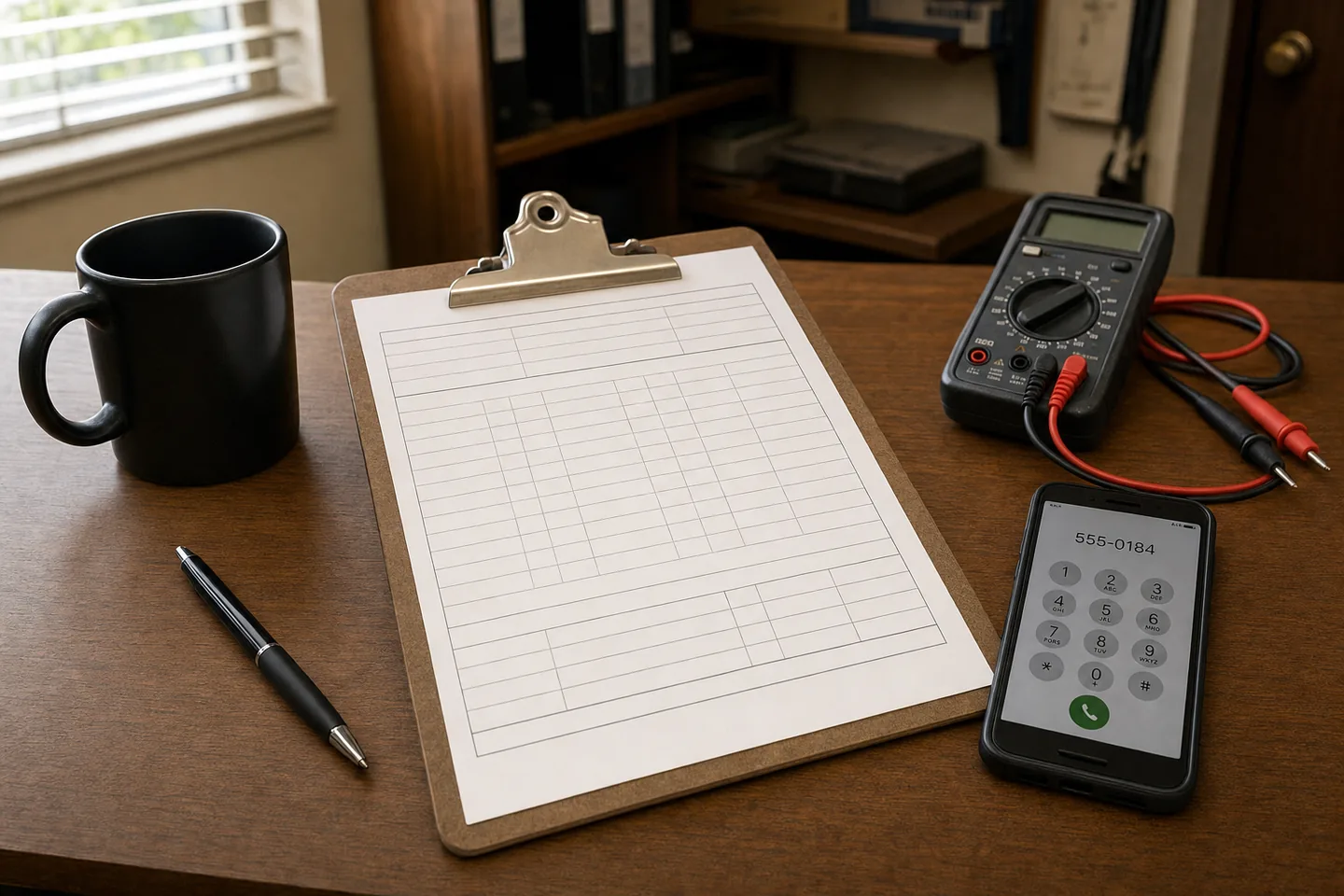 HVAC work order, multimeter and phone on a service office desk