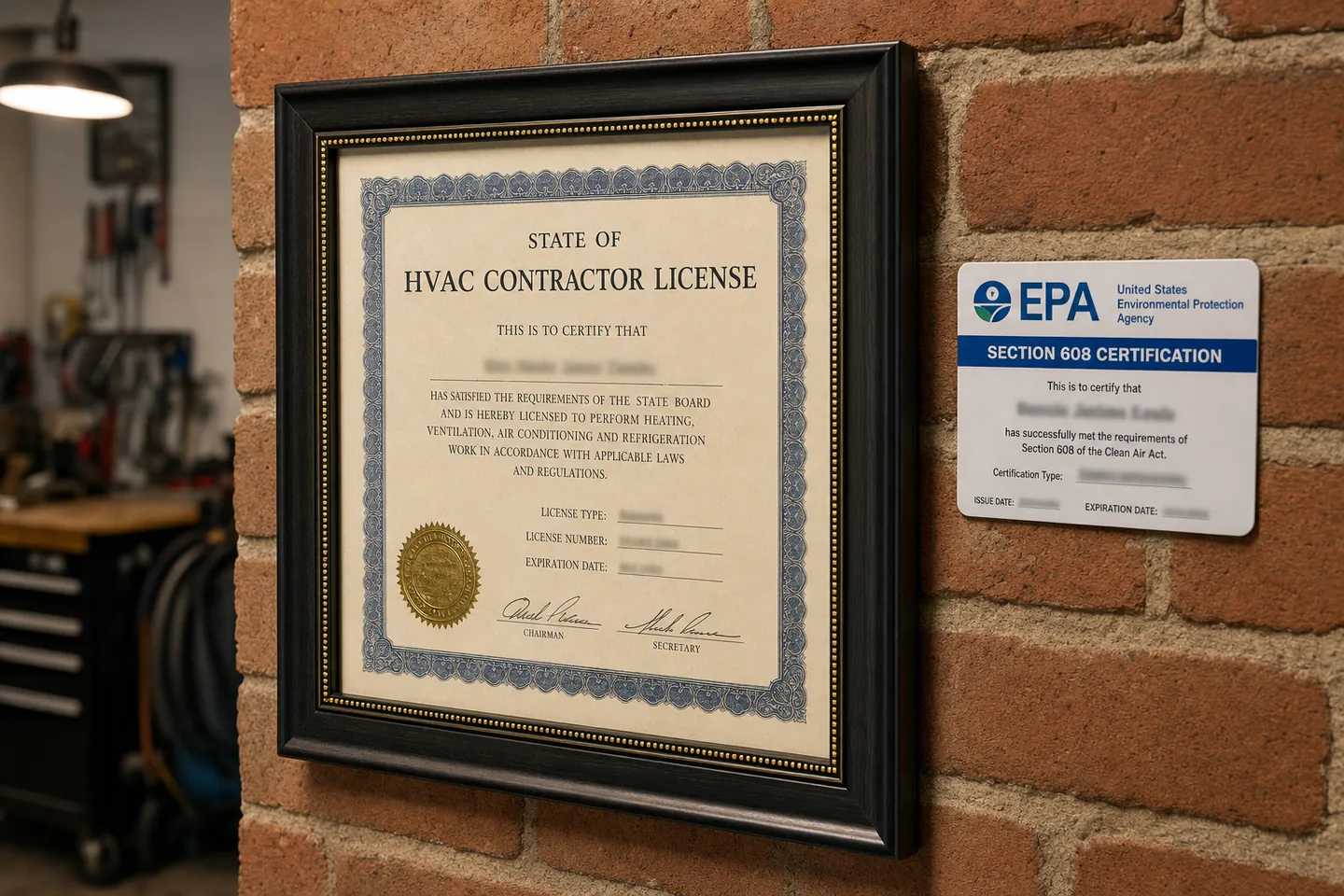Framed HVAC contractor license and EPA Section 608 certification on a shop wall