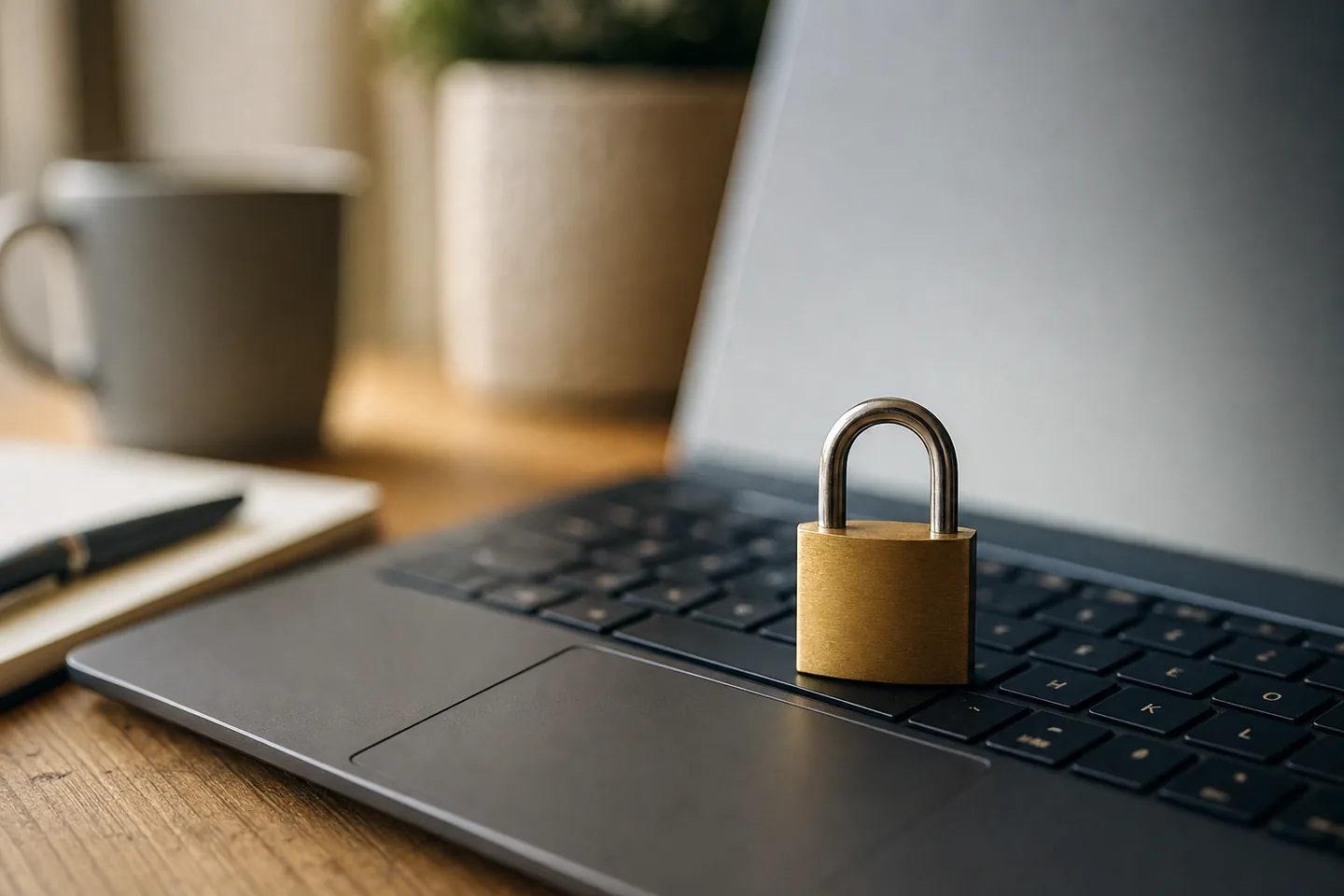 Closed brass padlock resting on a laptop keyboard, symbolizing data privacy