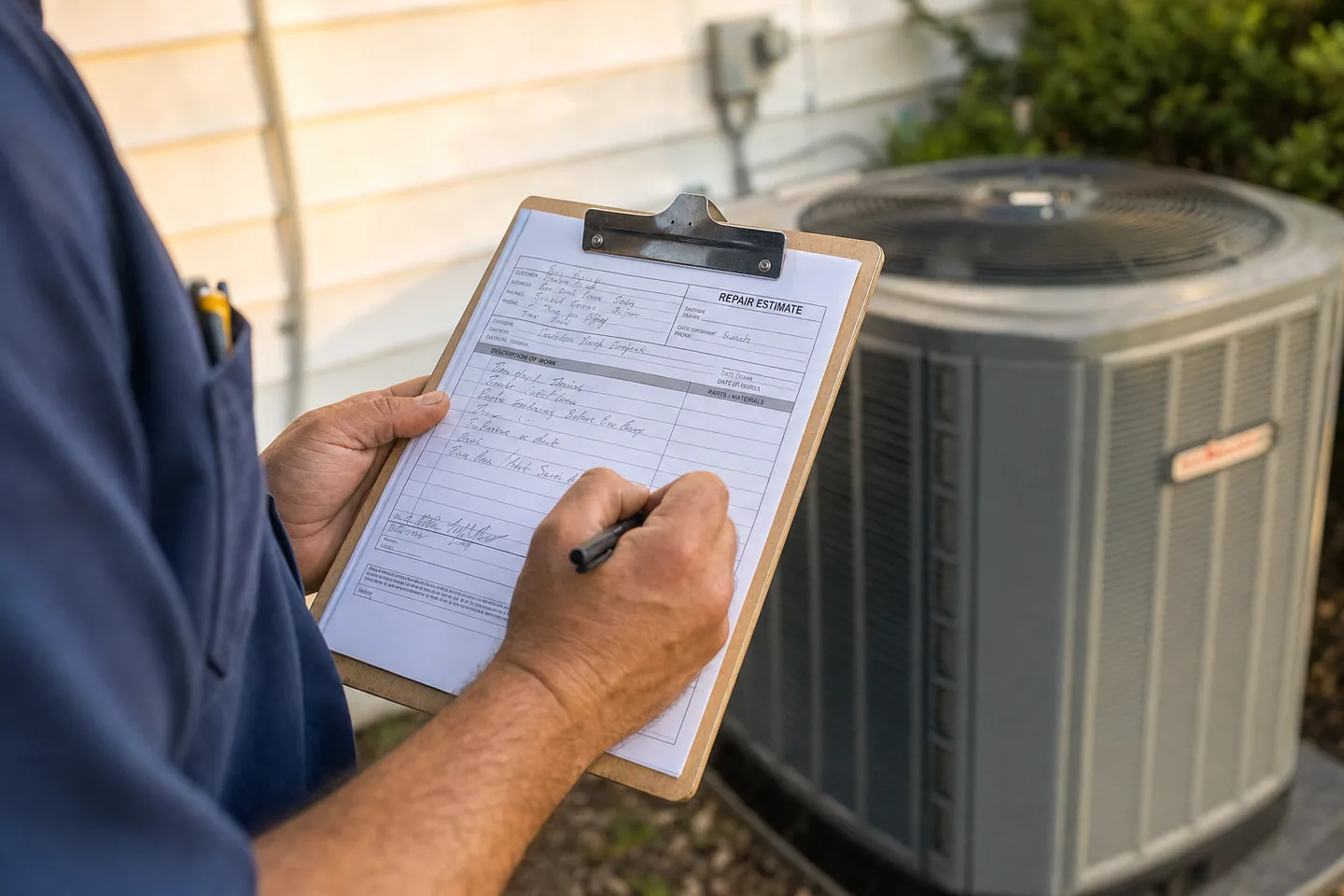 HVAC technician writing a written repair estimate on a clipboard in the field