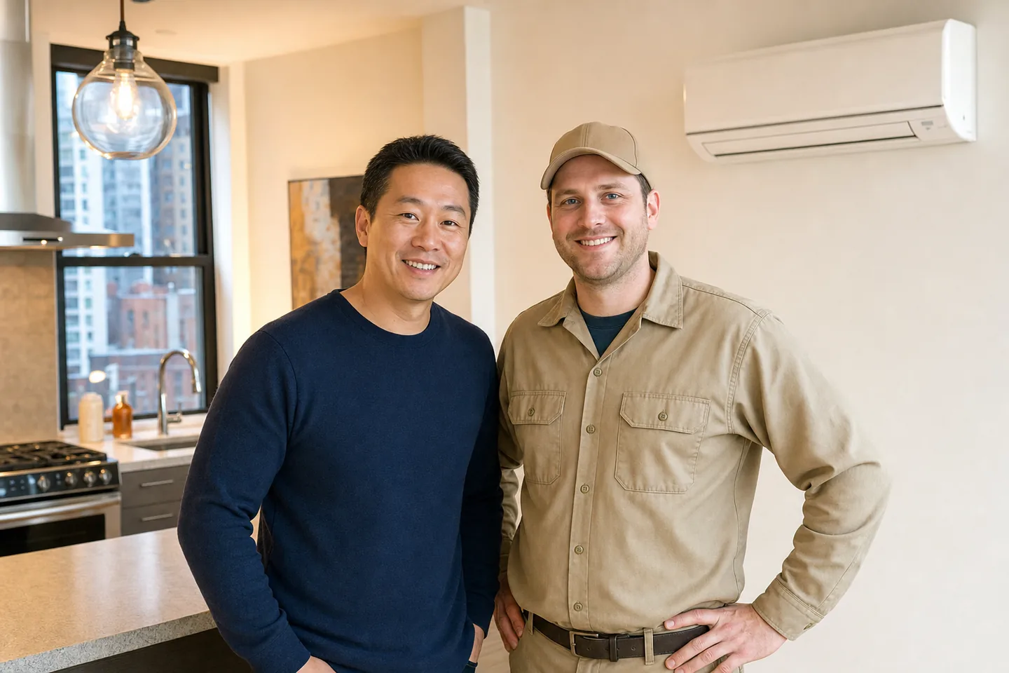 HVAC technician and a satisfied homeowner in a Manhattan apartment after a completed AC service