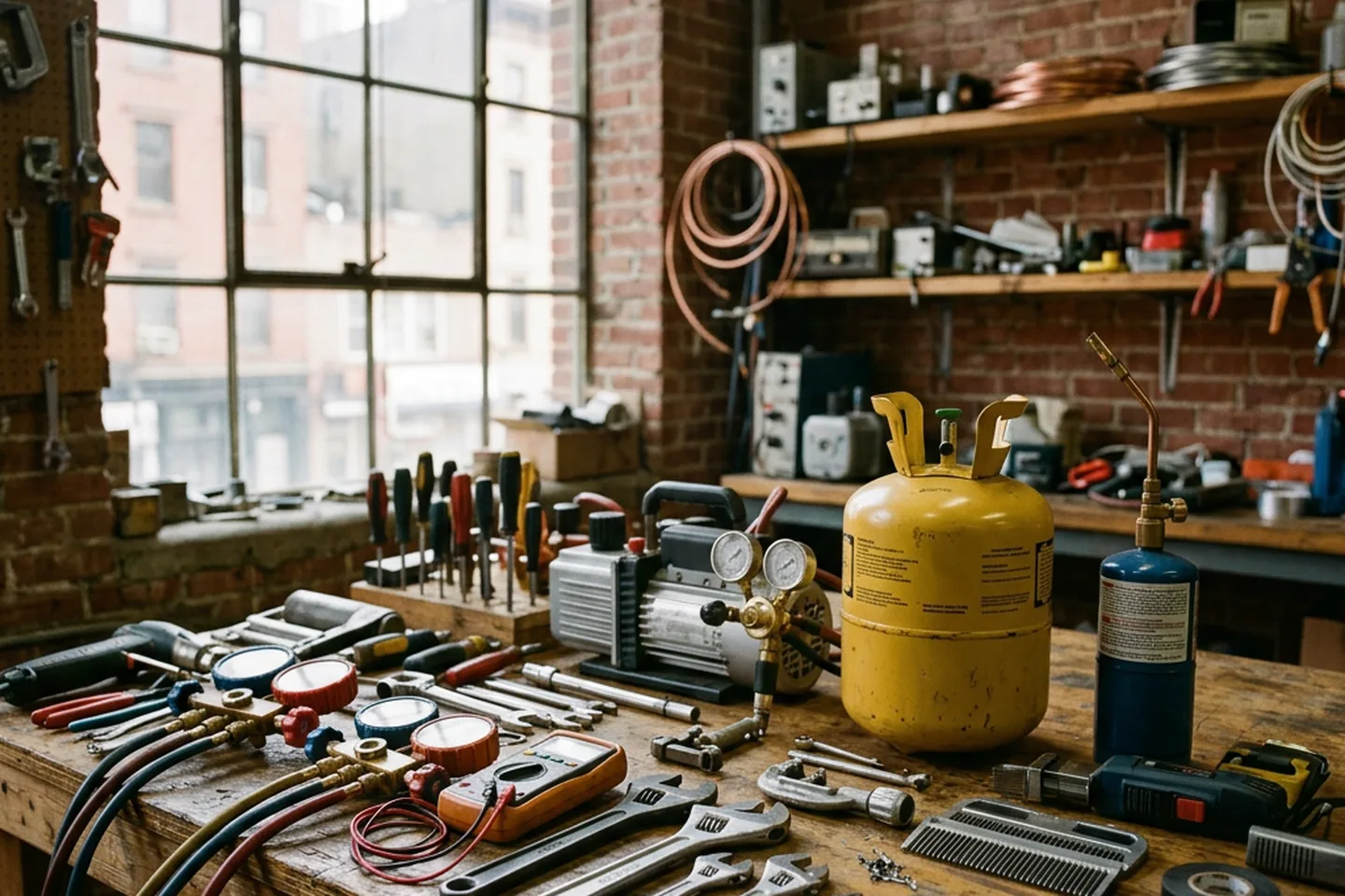 HVAC service technician tools laid out on a workbench in a NYC service shop