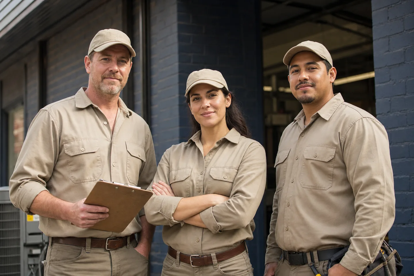 The AC Repair NYC service team of three technicians in front of the Manhattan service bay