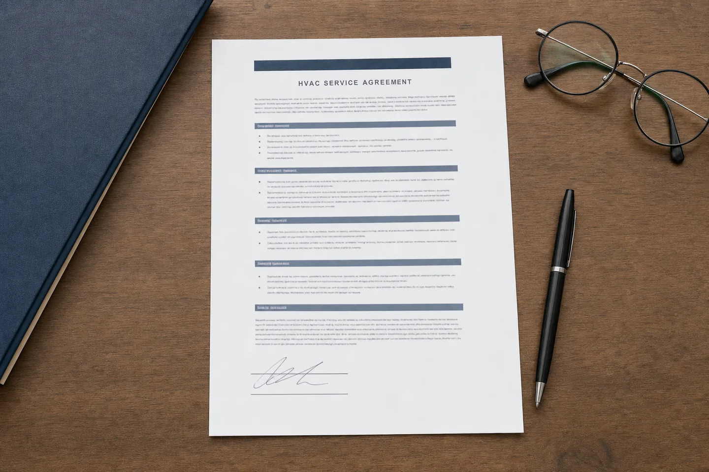 Signed HVAC service agreement on a wooden desk with a pen and reading glasses