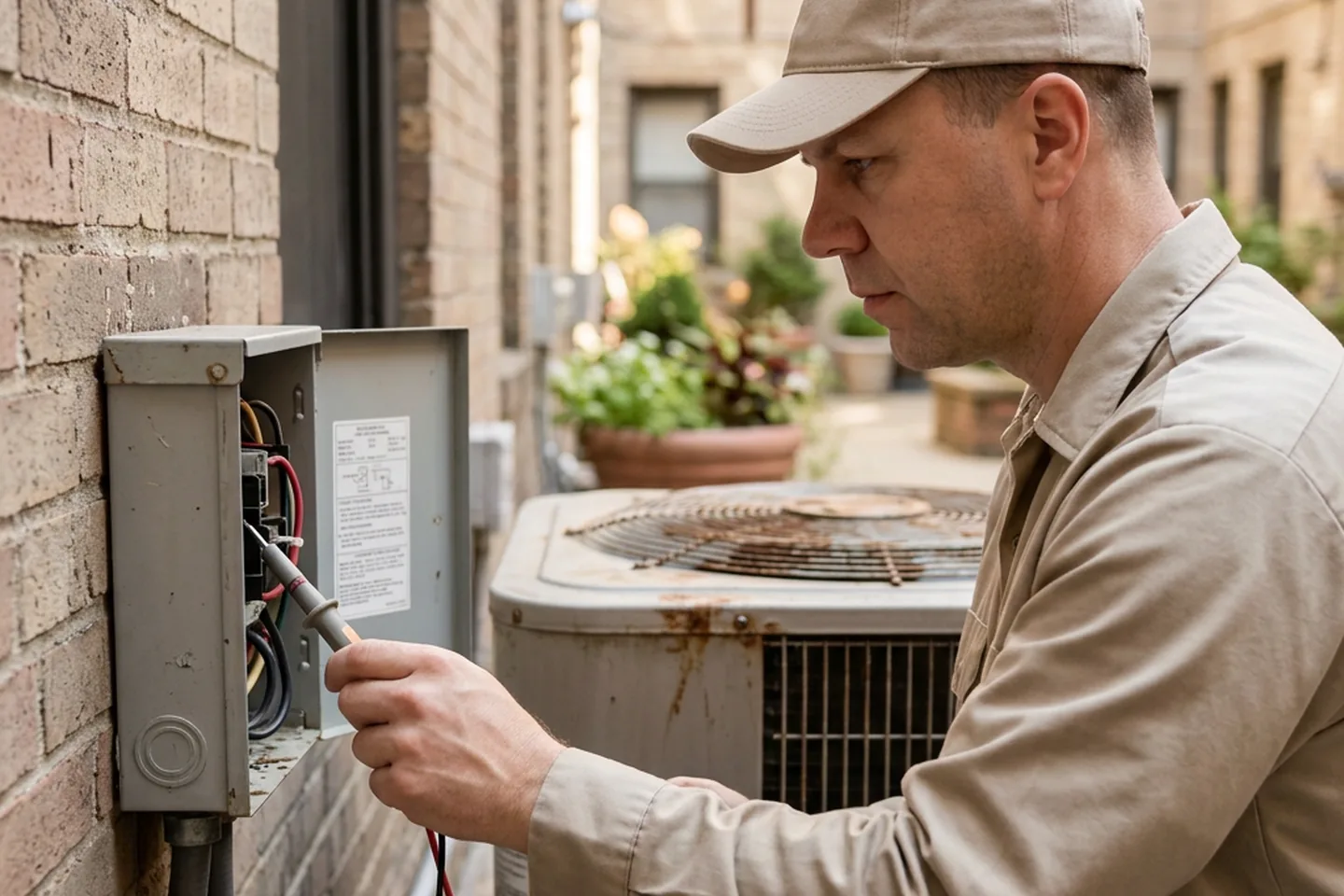 HVAC technician checking the electrical disconnect box next to an outdoor AC condenser in a NYC courtyard